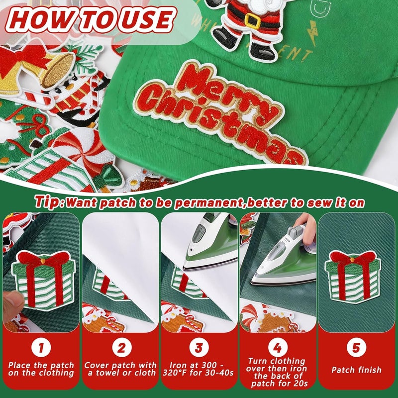 FOGWOWO 25 Pcs Green Red Christmas Patches Christmas Iron on Patches Stickers for Clothing Embroidered Applique Sew on Patch Xmas Tree Snowman Snowflake Stick on Patches for Backpacks Hats Bags DIY Decor - Image 4